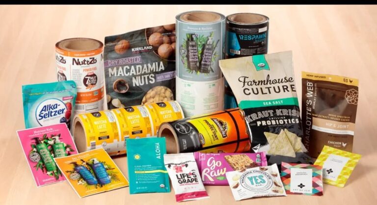 A veriety of flexible packging products such as stand-up pouches, sachets, shrink films, and vacuum bags made from plastic.