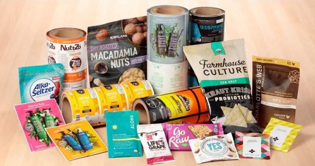 A veriety of flexible packging products such as stand-up pouches, sachets, shrink films, and vacuum bags made from plastic.