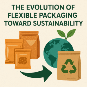 Eco-themed illustration showing a transition from conventional plastic pouches to biodegradable flexible packaging with a green Earth and sprouting leaves in the background.