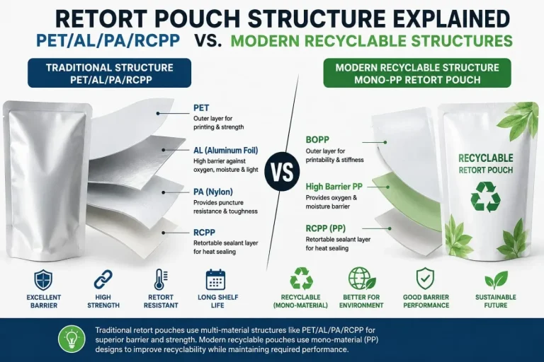 Retort pouch structure explained: PET/AL/PA/RCPP vs modern recyclable mono -PP retort pouch structures