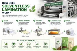 Solventless lamination for sustainable packaging with an industrial laminating machine,