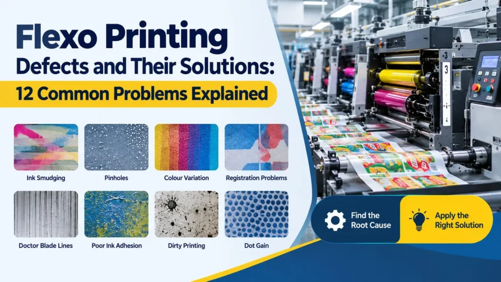 Flexo printing defects and their solutions showing 12 common flexographic printing problems in flexible packaging.